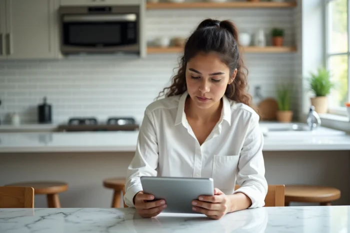 Personne accédant à ses fiches de paie en ligne via une tablette dans une cuisine moderne