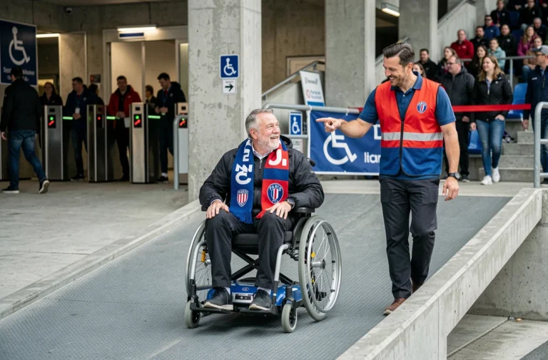 Un homme en fauteuil roulant motorisé accède à un stade de football via une rampe accessible accompagné d'un agent d'accueil du Paris FC