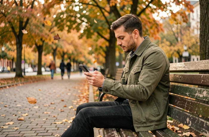 Homme consultant les dernières actualités sur son smartphone dans un parc aux couleurs automnales