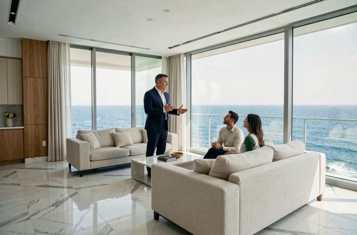 Agent immobilier présentant un appartement avec vue sur l'océan à un couple d'acheteurs potentiels