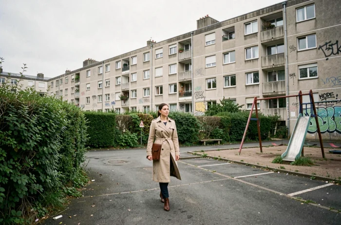 Femme agent immobilier marchant dans un quartier résidentiel dégradé de Nantes