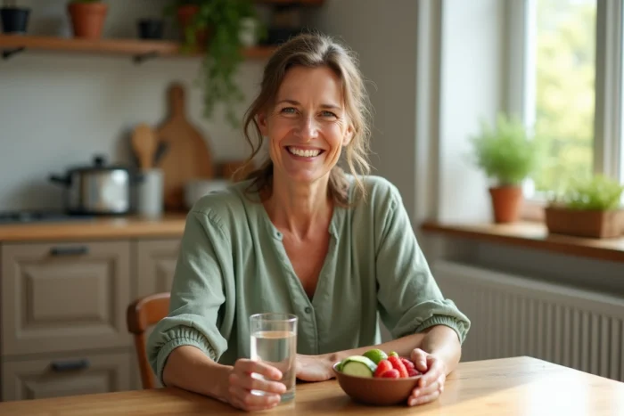 Femme souriante mangeant des aliments sains pour favoriser un teint éclatant au quotidien