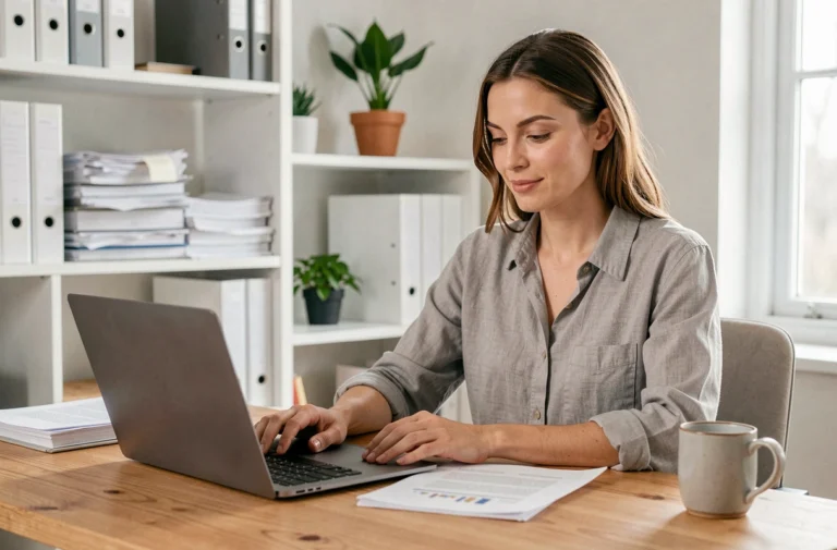 Auto-entrepreneuse gérant sa comptabilité en ligne depuis son bureau à domicile organisé