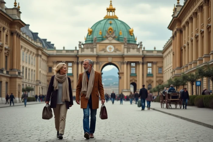 Un couple de touristes se promenant dans les rues baroques de Vienne, en Autriche, avec la façade dorée du Kunsthistorisches Museum en arrière-plan