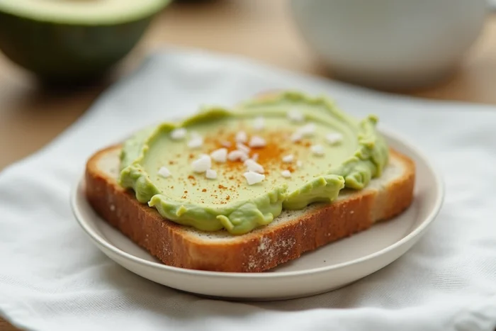 Avocat écrasé et crémeux sur une tranche de pain de mie sans croûte dans une assiette en céramique sur une nappe blanche