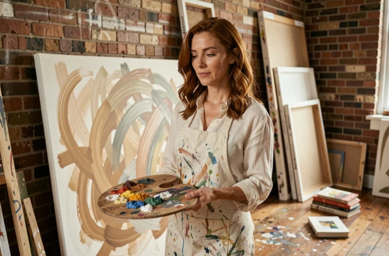 Béatrice Vonderweidt dans son atelier d'artiste, tenant une palette de peinture devant une grande toile abstraite colorée