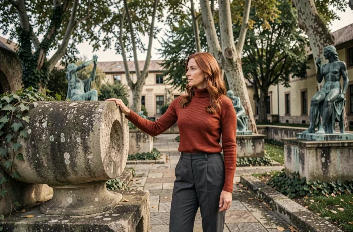 Béatrice Vonderweidt dans un jardin de sculptures en plein air, touchant une œuvre en pierre, regard méditatif et posture artistique