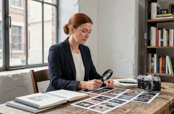 Femme artiste et ancienne muse examinant des planches-contacts photographiques dans un studio créatif minimaliste