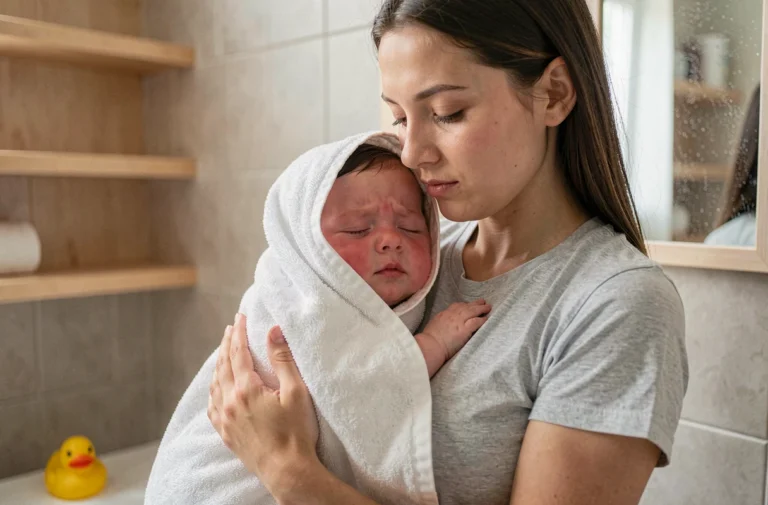 Mère tenant son bébé somnolent enveloppé dans une serviette blanche après le bain, expression apaisée et yeux mi-clos