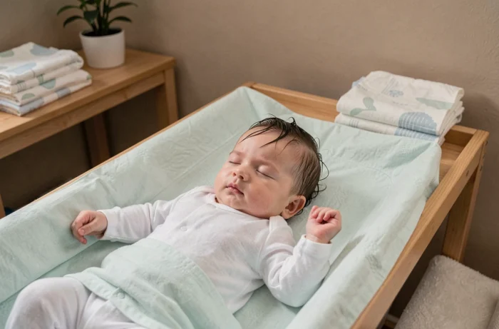 Baby asleep on the changing table after the bath, wearing a white onesie, relaxed expression and slightly damp hair