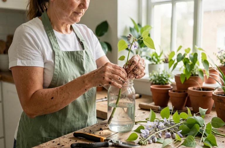 Femme plaçant une bouture de glycine dans un bocal en verre rempli d'eau sur un établi de jardinage en bois