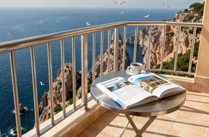 Brochure d'investissement immobilier posée sur une terrasse avec vue sur les falaises et la mer