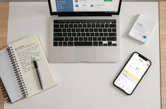 Vue de dessus d'un bureau d'auto-entrepreneur avec ordinateur, documents administratifs et agenda numérique