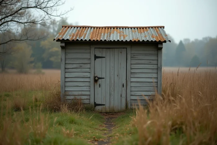 Petit cabanon en bois sur un terrain non constructible entouré d'herbes sauvages et d'arbres en automne