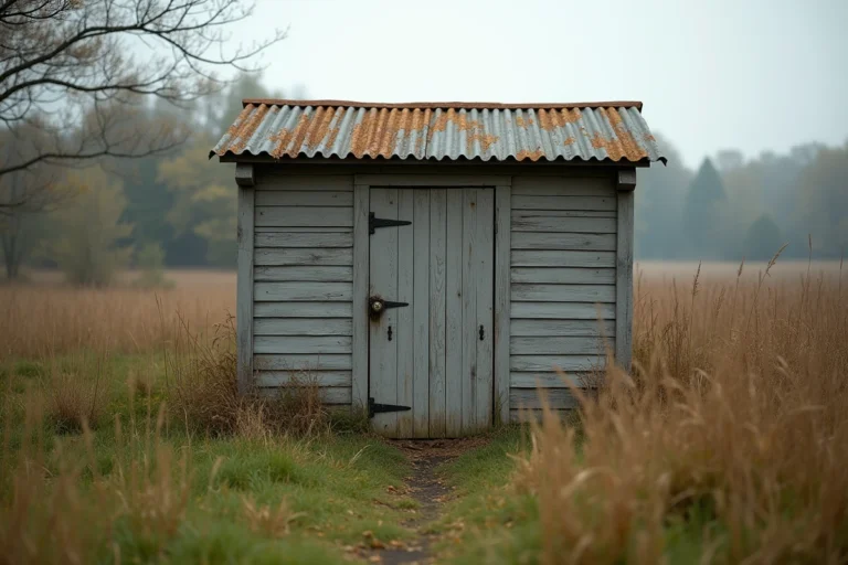 Petit cabanon en bois sur un terrain non constructible entouré d'herbes sauvages et d'arbres en automne
