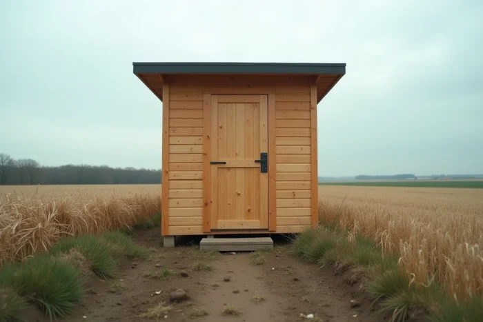 Cabanon préfabriqué en bois en bordure d'un champ agricole sur terrain non urbanisable en zone rurale