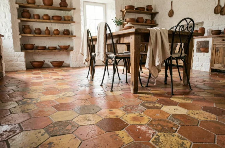 Sol en carrelage imitation tomette ancienne hexagonale dans une cuisine de campagne française avec table en bois rustique