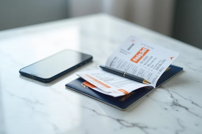 Carte d'embarquement easyJet et passeport posés côte à côte avec un stylo, illustrant la vérification du nom avant un vol