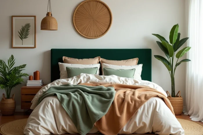 Chambre moderne et bohème avec tête de lit en bouclé vert forêt, linge de lit en lin ivoire et décoration murale en rotin et imprimés botaniques