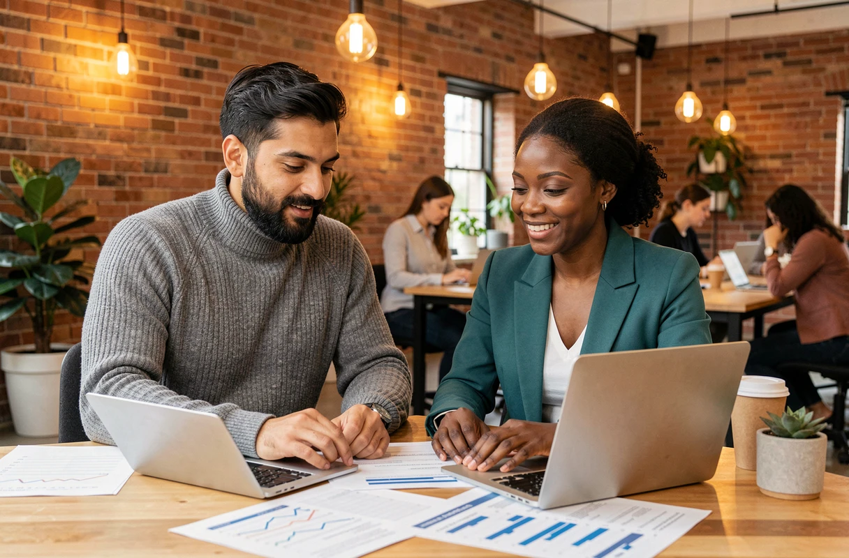 Deux professionnels collaborant sur un projet d'intégration blockchain et IA dans un espace de coworking urbain tendance