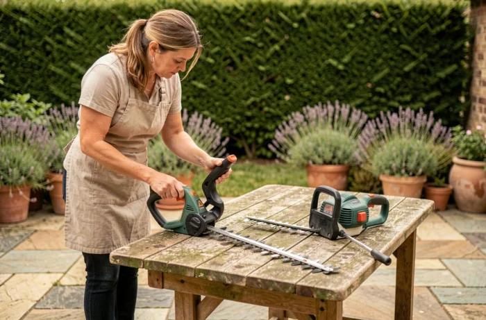 Femme comparant deux modèles de taille-haies électriques posés sur une table en bois dans un jardin rustique avec des plantes en pot