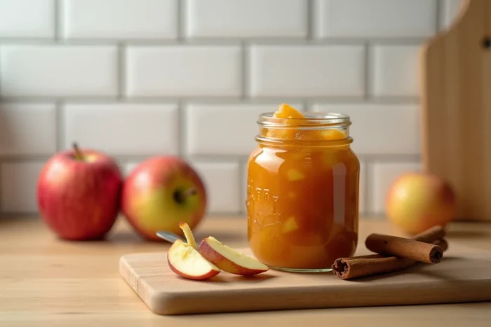 Bocal en verre de compote de fruits maison sans pépins, couleur ambrée, avec une cuillère et des tranches de pommes fraîches sur une planche en bois
