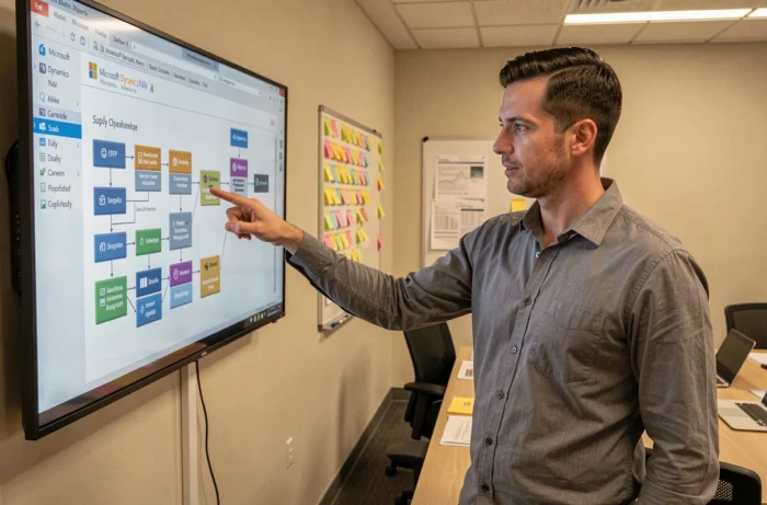 Consultant informatique présentant les modules ERP de Microsoft Dynamics NAV lors d'une réunion en salle de conférence