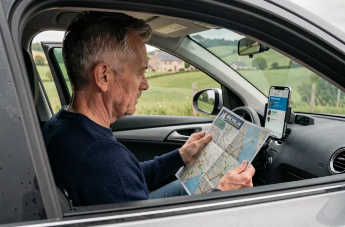 Homme consultant une carte Michelin régionale en voiture avec l'application ViaMichelin affichée sur smartphone