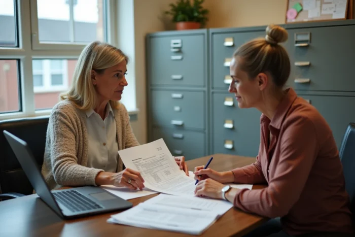 Deux coordinatrices ADMR analysant ensemble un rapport de suivi des temps sur ordinateur et documents imprimés dans un bureau associatif