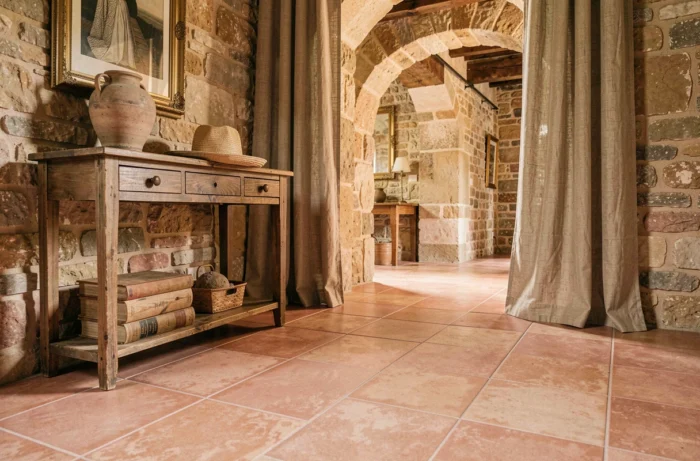 Couloir d'entrée de style provençal avec sol en carrelage imitation tomette ancienne, console en bois et murs en pierre apparente