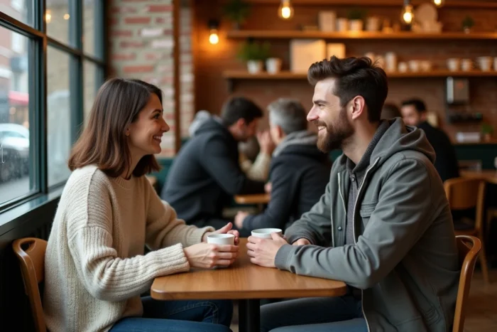 Couple partageant un café en tête-à-tête dans un bistrot chaleureux aux murs en briques apparentes