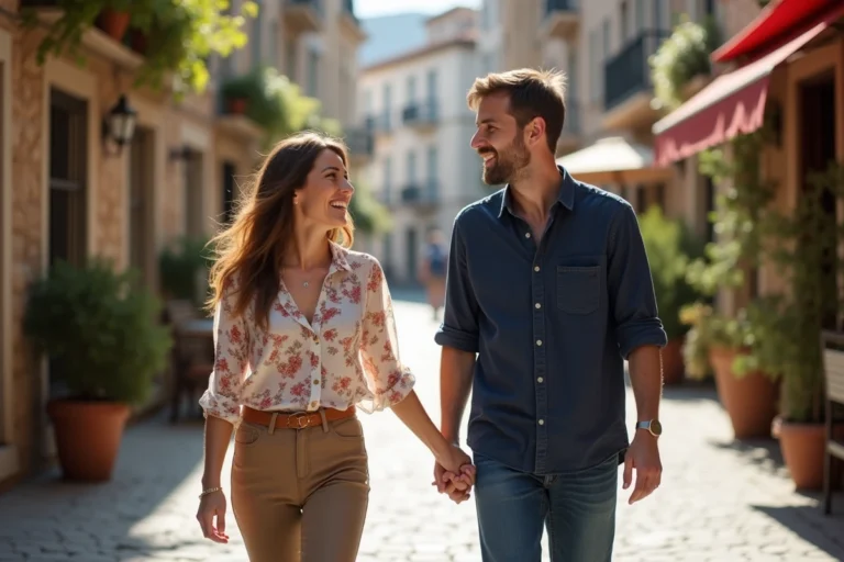 Couple complice se promenant main dans la main dans une rue pavée européenne, ambiance authentique et chaleureuse