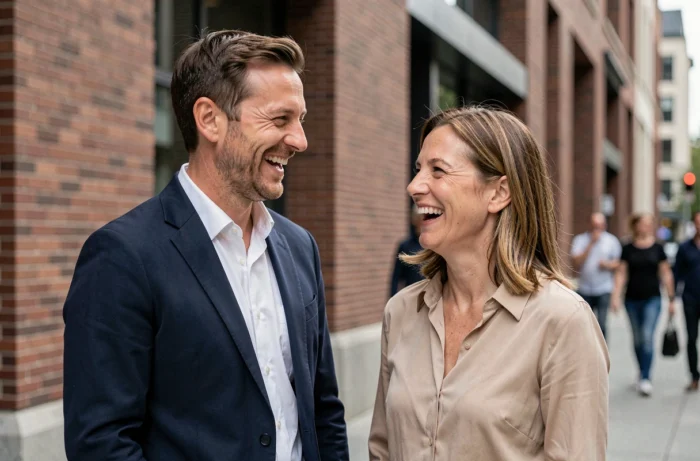 Couple élégant et détendu en milieu urbain, symbolisant une relation durable et épanouie dans la vie publique