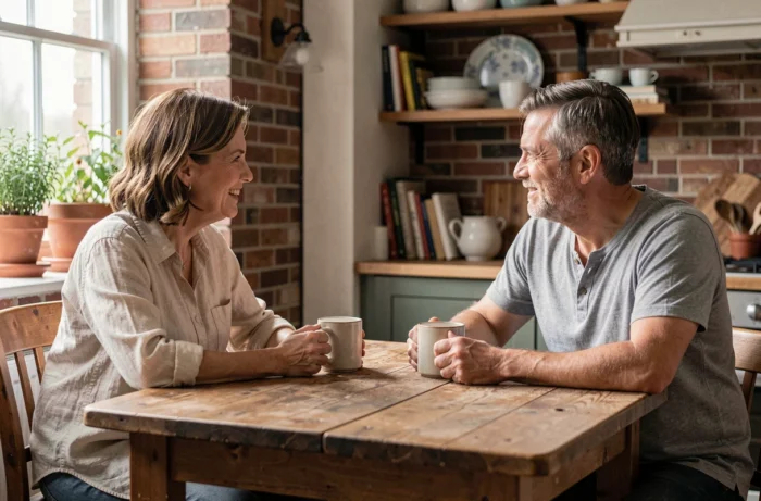 Couple complice autour d'un café à la maison dans un intérieur chaleureux, évoquant une relation intime et durable au quotidien