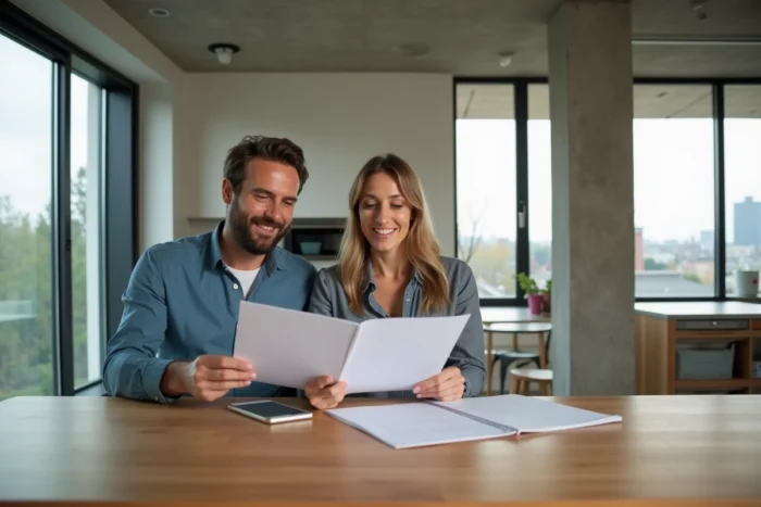 Couple examinant des documents immobiliers dans un appartement contemporain avec vue sur la ville
