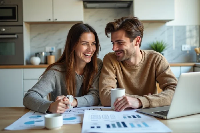 Couple de jeunes adultes planifiant un investissement immobilier sans apport autour d'une table de cuisine avec des documents et un ordinateur portable