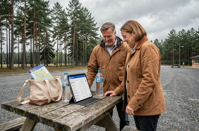 Couple planifiant un road trip sur ViaMichelin avec tablette et carte Michelin dans un espace de repos autoroutier