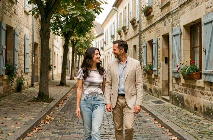 Couple se promenant dans une rue pavée d'une ville de province française, scène de vie quotidienne complice et détendue