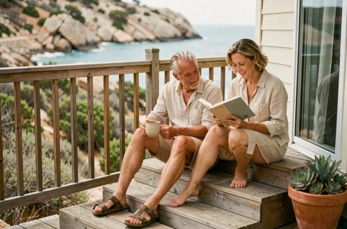 Couple profitant de leur terrain de loisir avec mobil-home en bord de mer Méditerranée