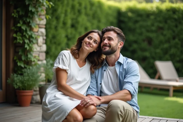 Couple serein se reposant sur une terrasse en bois face à un jardin verdoyant, posture complice et détendue