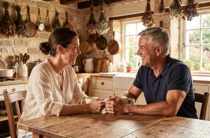 Couple complice partageant un café dans une cuisine rustique française, atmosphère chaleureuse de vie de famille
