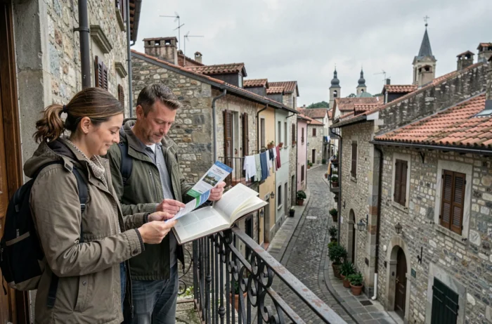 Couple of travelers checking their accommodation bookings on the terrace of a guesthouse in Europe during a round-the-world trip