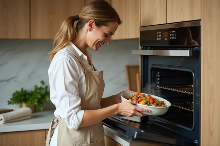 Femme plaçant un plat de légumes dans un four vapeur moderne dans une cuisine en bois clair