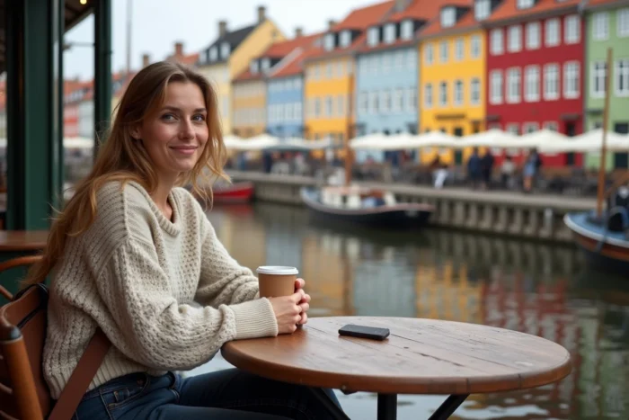 Une voyageuse détendue savourant un café en terrasse au bord du canal de Nyhavn à Copenhague, au Danemark, avec les maisons colorées typiques se reflétant dans l'eau