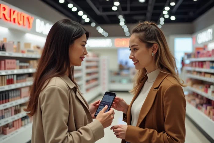 Deux femmes comparant des marques de maquillage sur smartphone dans un magasin de beauté moderne
