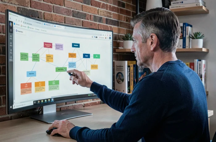 Web developer analyzing the architecture of a health sitemap on a large computer screen