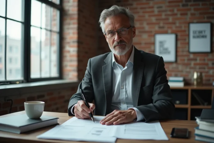 Dirigeant d'entreprise analysant un document de planification stratégique inspiré des 5P de Mintzberg dans un bureau moderne