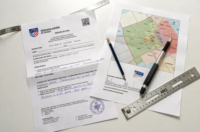 Aerial view of administrative documents for a prior declaration of works for transforming a garage into a habitable bedroom