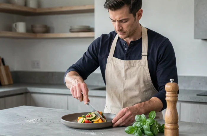 Homme en tablier dressant une assiette de légumes colorés dans une cuisine moderne et minimaliste, recette saine du quotidien