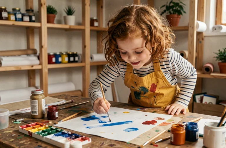 Jeune fille concentrée en train de peindre à l'aquarelle sur une table en bois dans un atelier créatif coloré